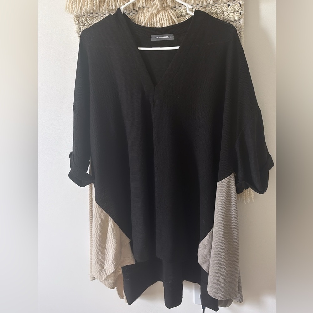 Alembika V-Neck Long Tunic Blouse Top Colorblock Black Size Medium Lagenlook